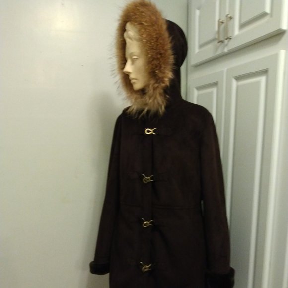 ❤️DANA BUCHMAN GENUINE FUR HOOD / SHEARLING SUEDE LIKE COAT SZ LARGE - Picture 1 of 13
